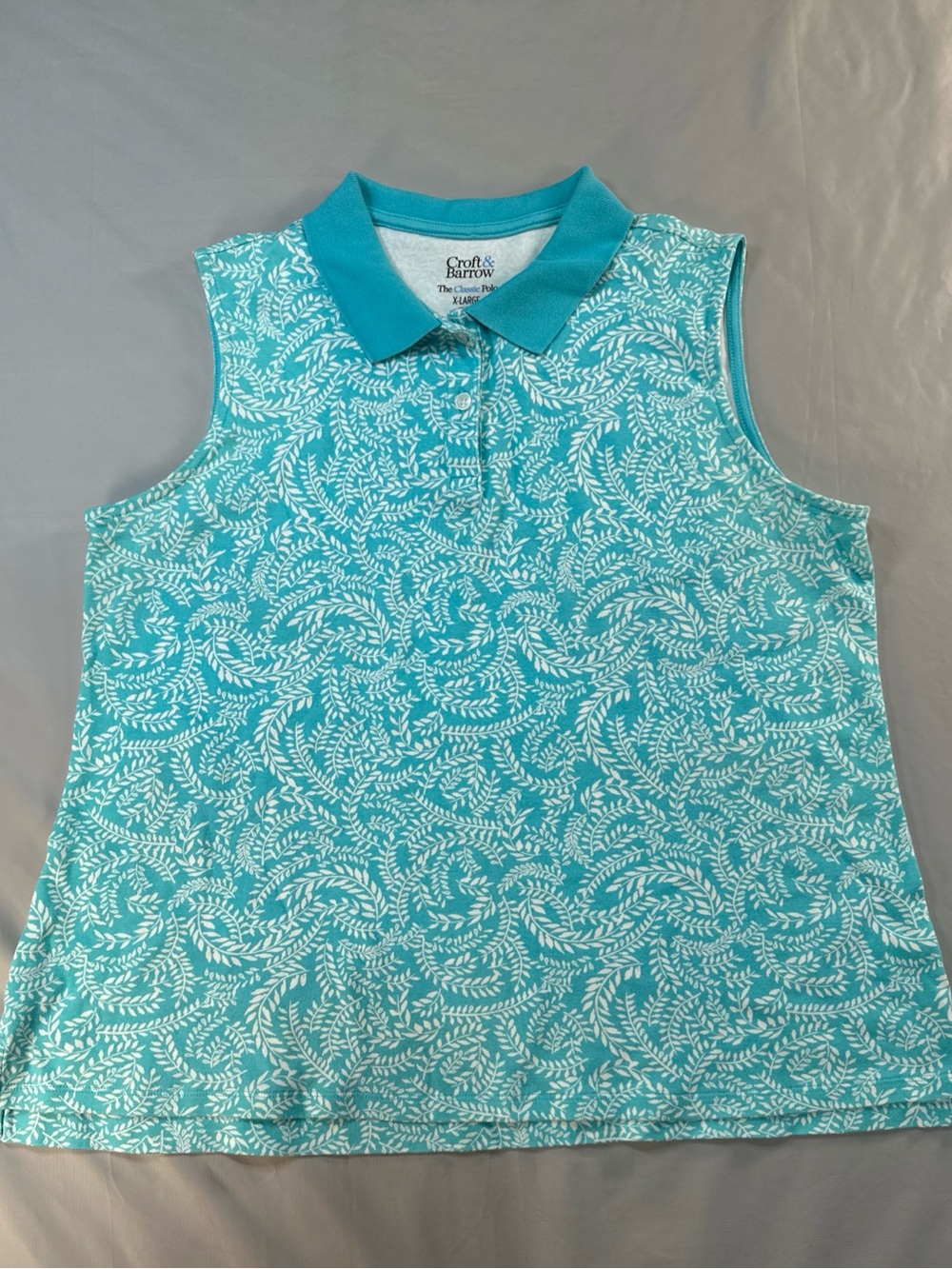 Croft & Barrow Teal Leaf-Print Sleeveless Polo XL